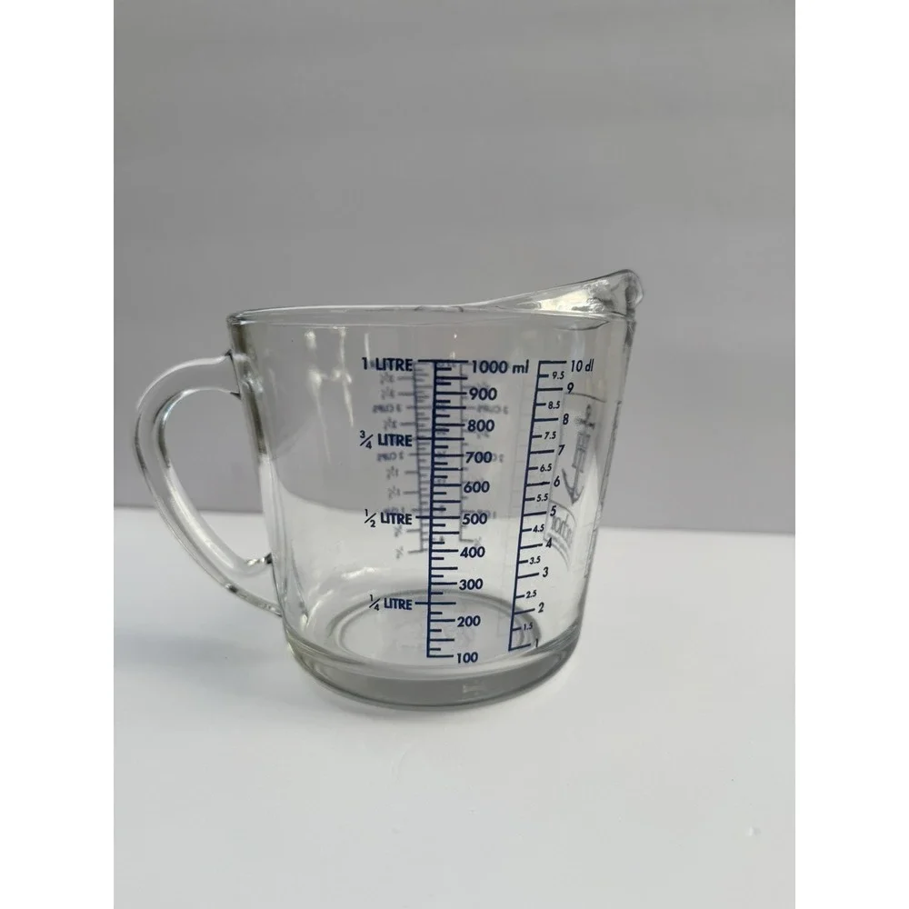 Vintage Anchor Hocking Blue Lettering 4-Cup Glass Measuring Cup 32 Oz- 1 Quart